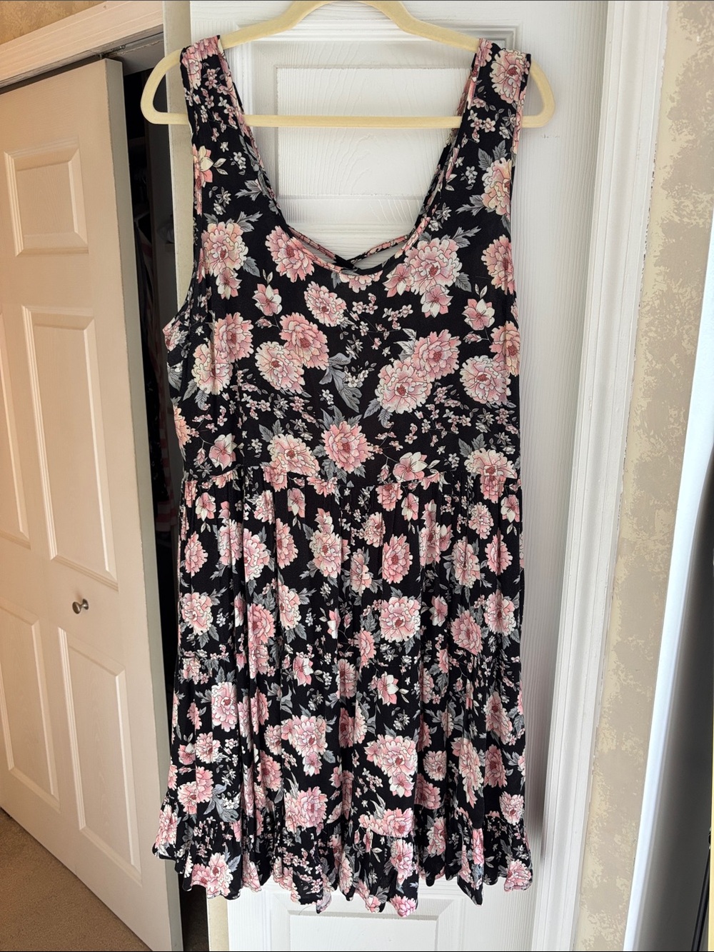 Fun Backless Black Floral Dress with Pink Blooms